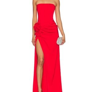 NBD Strapless Red Evening Gown with High Side Slit and Rosette Detail